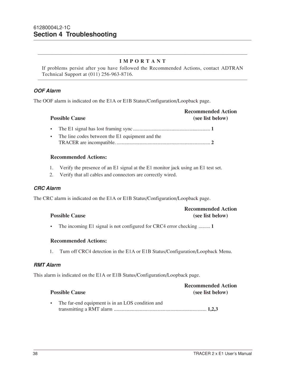 ADTRAN 2 x E1 user manual OOF Alarm, CRC Alarm, RMT Alarm 