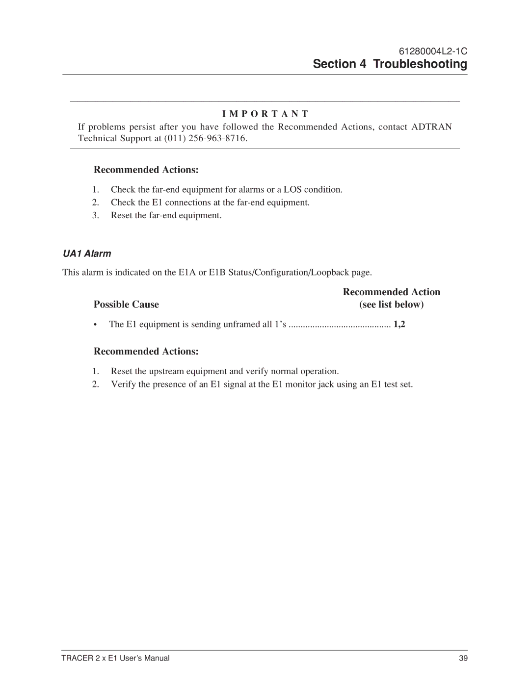 ADTRAN 2 x E1 user manual UA1 Alarm 