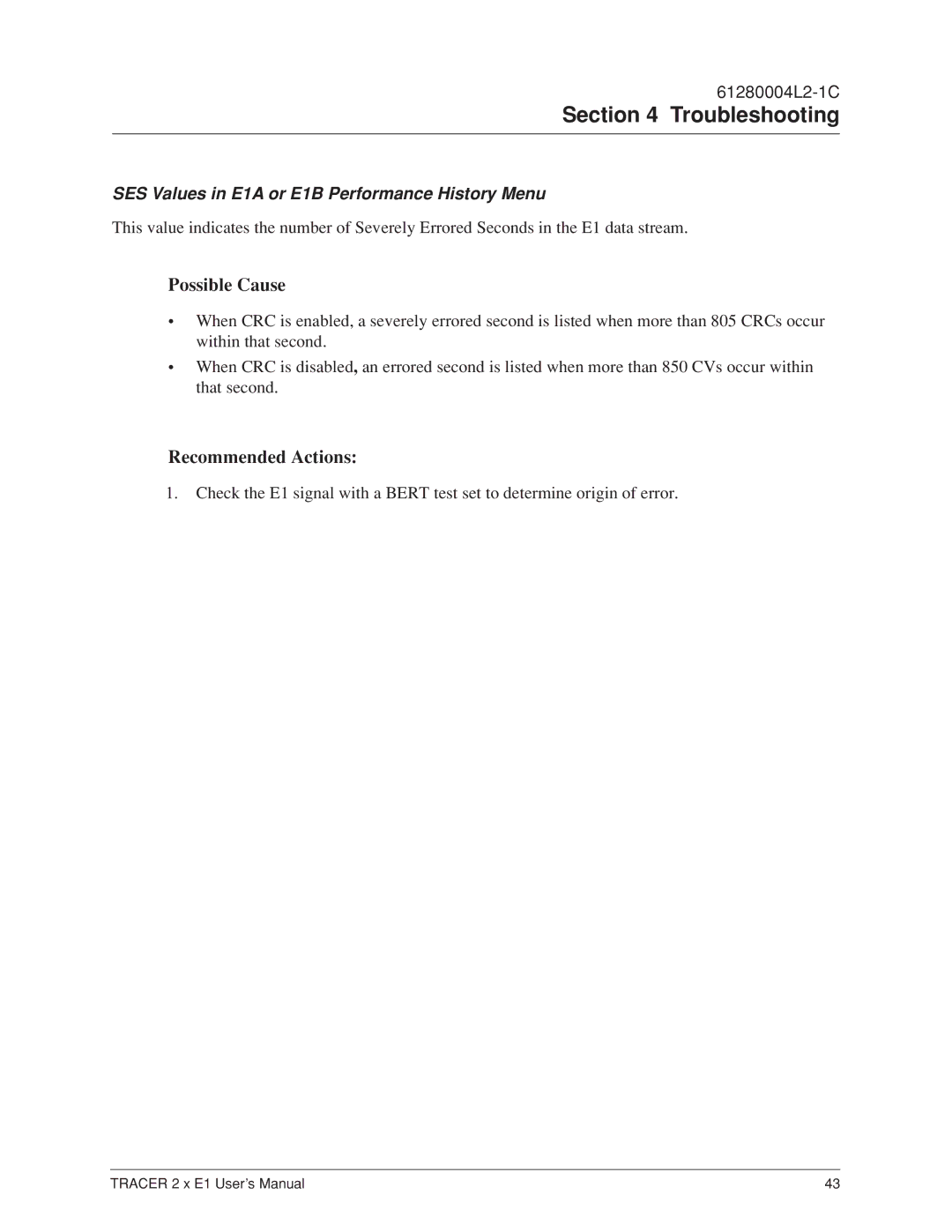 ADTRAN 2 x E1 user manual SES Values in E1A or E1B Performance History Menu 