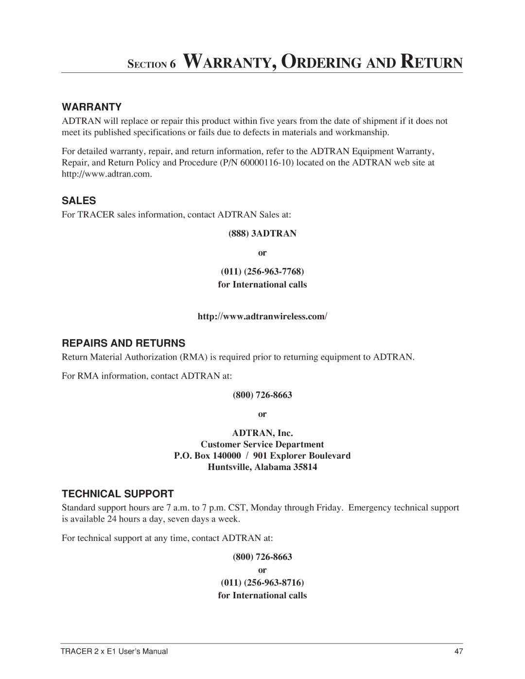 ADTRAN 2 x E1 user manual WARRANTY, Ordering and Return, Warranty, Sales, Repairs and Returns, Technical Support 