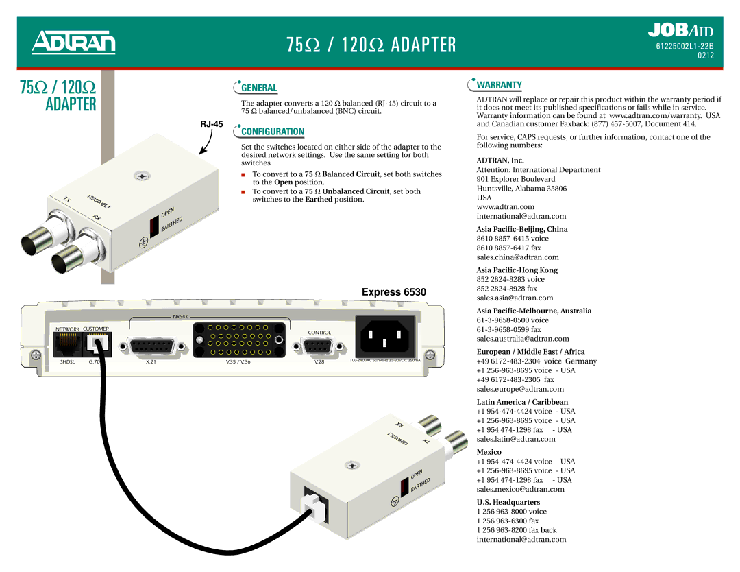 ADTRAN 20 Ohm Adapter warranty Jobaid, Open, 1225002L1 