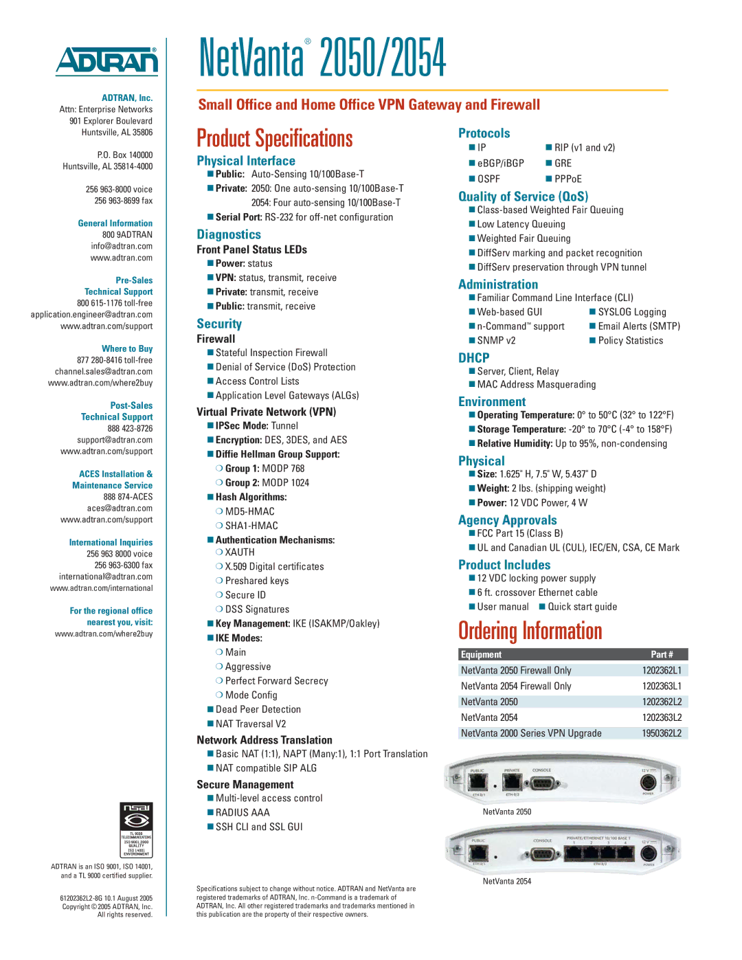 ADTRAN 2050 Physical Interface, Diagnostics, Security, Protocols, Quality of Service QoS, Administration, Environment 