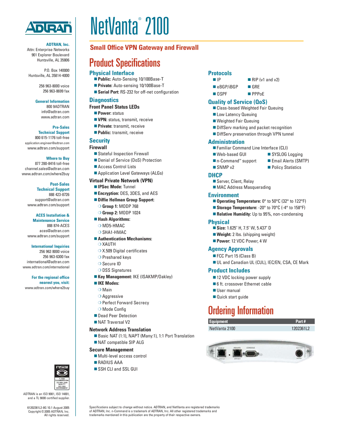 ADTRAN 2100 Physical Interface Protocols, Diagnostics, Quality of Service QoS, Security, Administration, Environment 