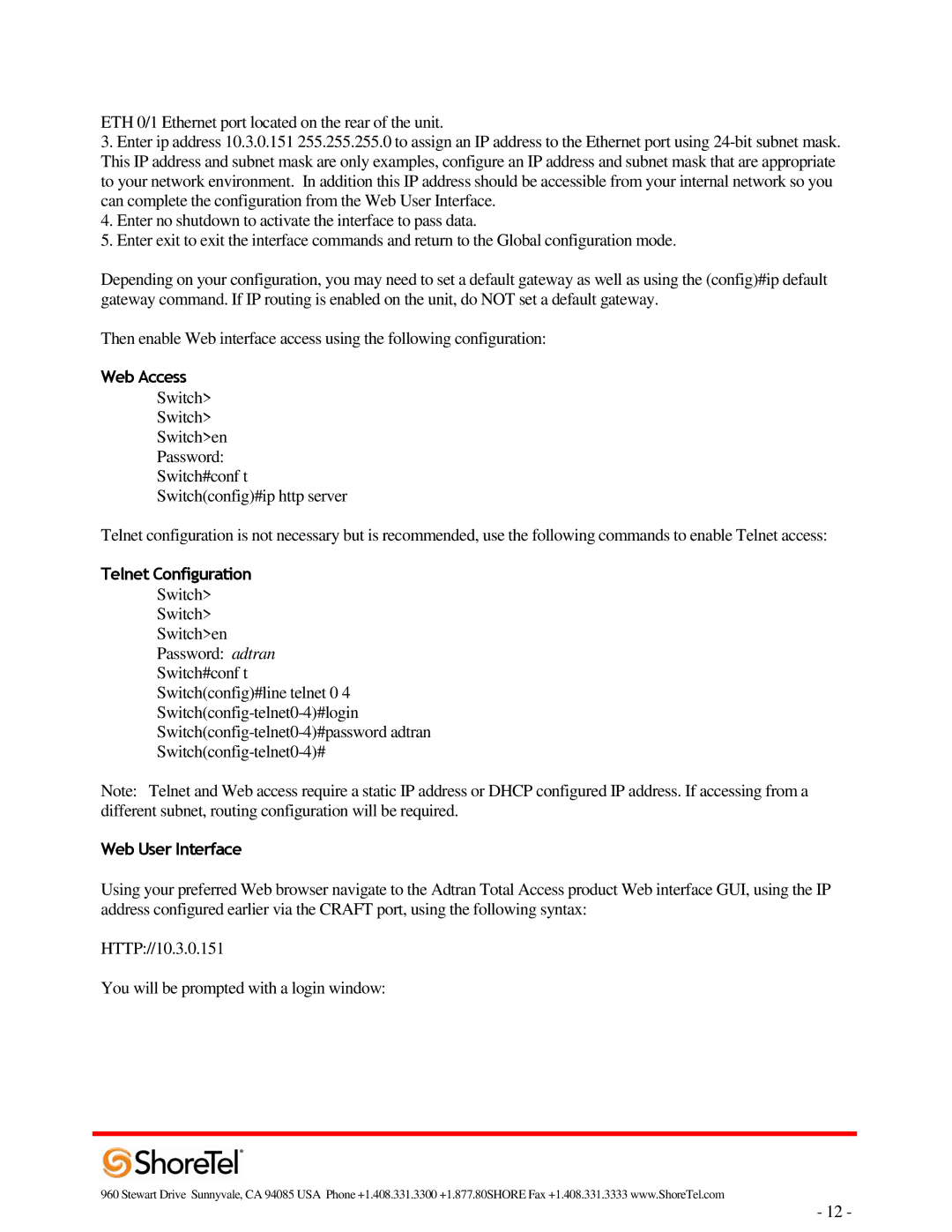 ADTRAN 220T1 manual Web Access, Telnet Configuration, Web User Interface 