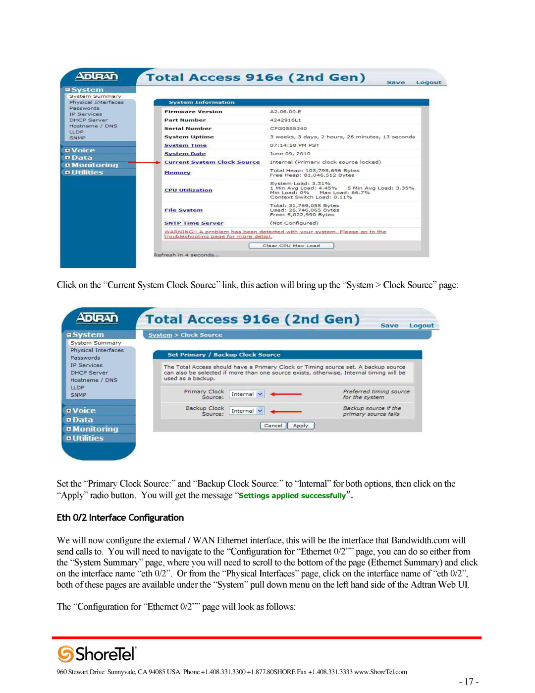 ADTRAN 220T1 manual Eth 0/2 Interface Configuration 