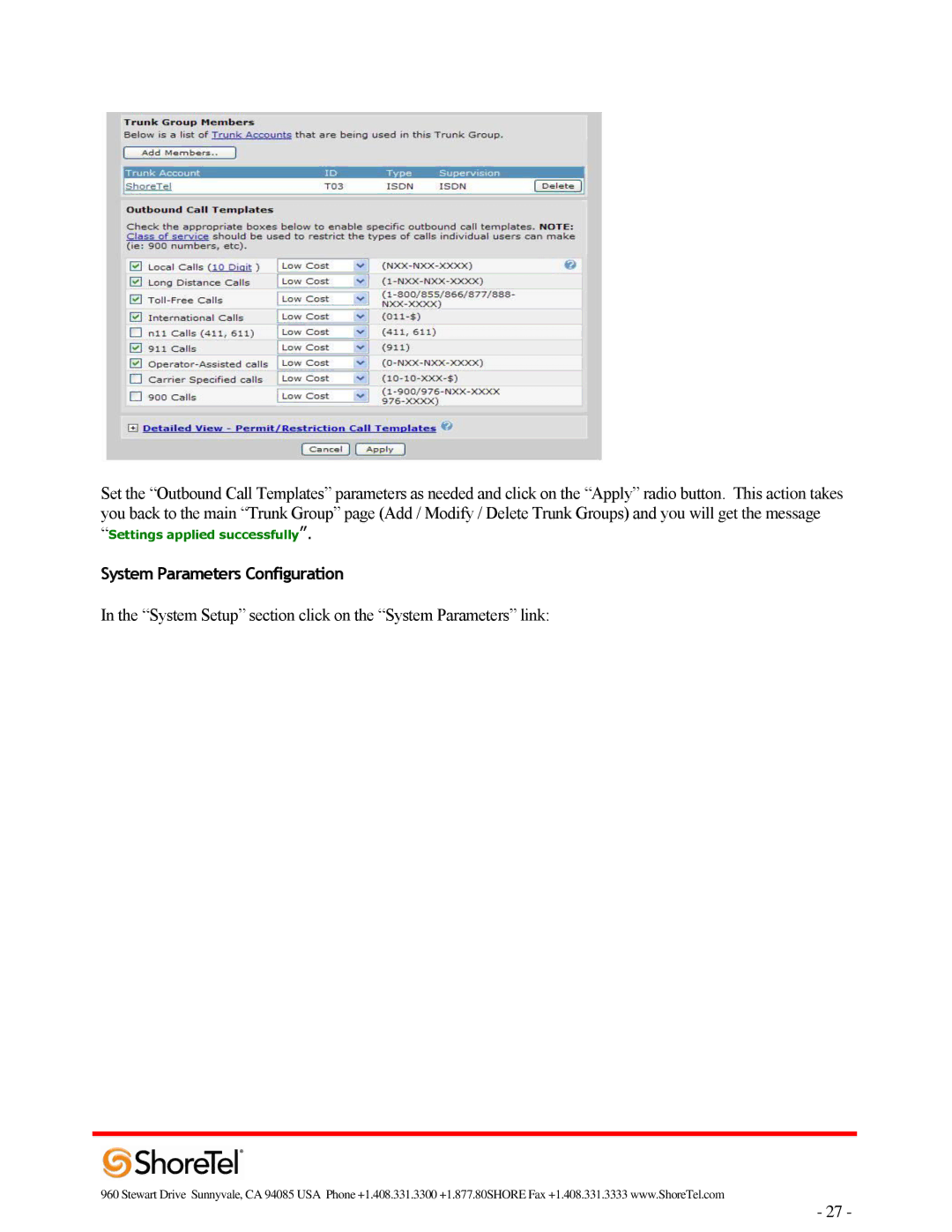 ADTRAN 220T1 manual System Parameters Configuration 