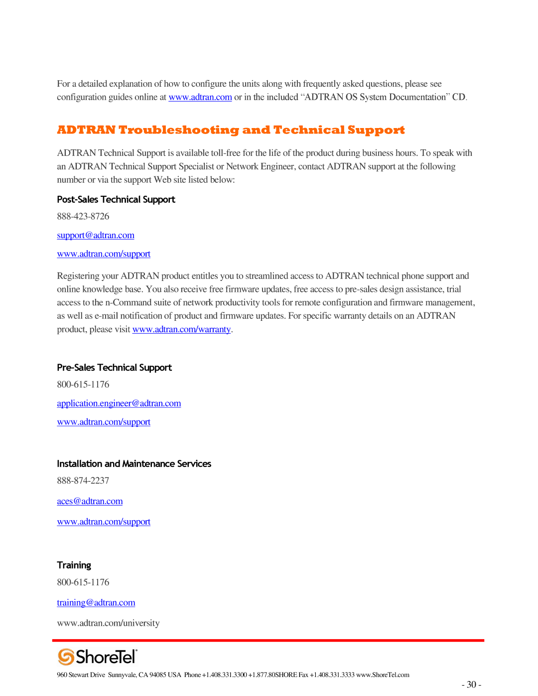 ADTRAN 220T1 manual Adtran Troubleshooting and Technical Support, Post-Sales Technical Support, Pre-Sales Technical Support 