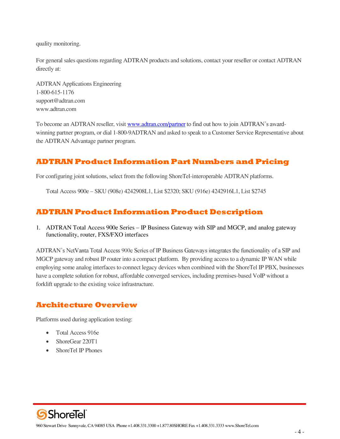 ADTRAN 220T1 manual Adtran Product Information Part Numbers and Pricing, Adtran Product Information Product Description 