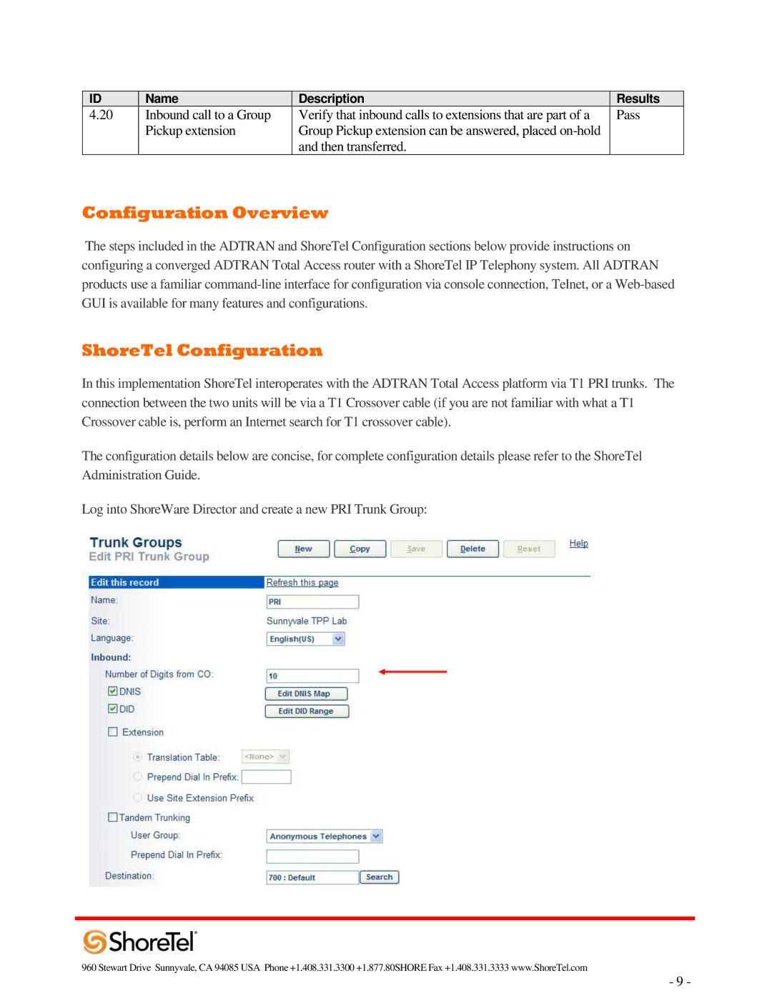 ADTRAN 220T1 manual Configuration Overview, ShoreTel Configuration 