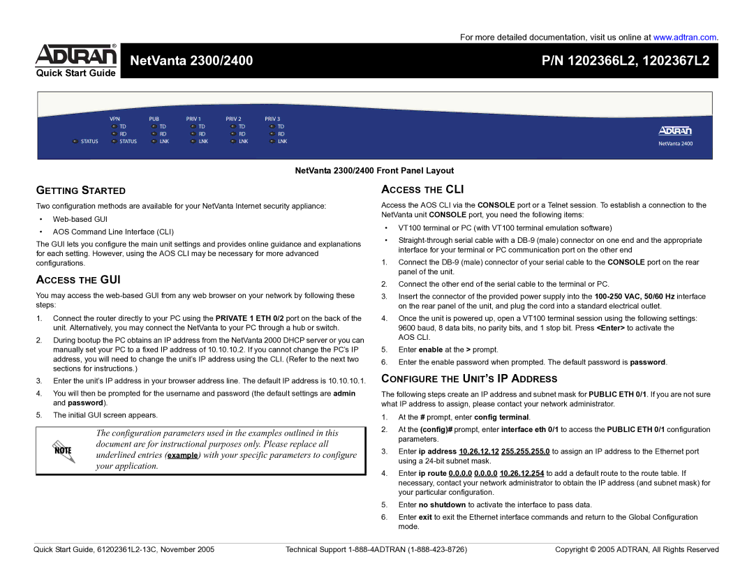 ADTRAN 2400, 2300 quick start Getting Started, Access the GUI, Access the CLI, Configure the UNIT’S IP Address, Aos Cli 