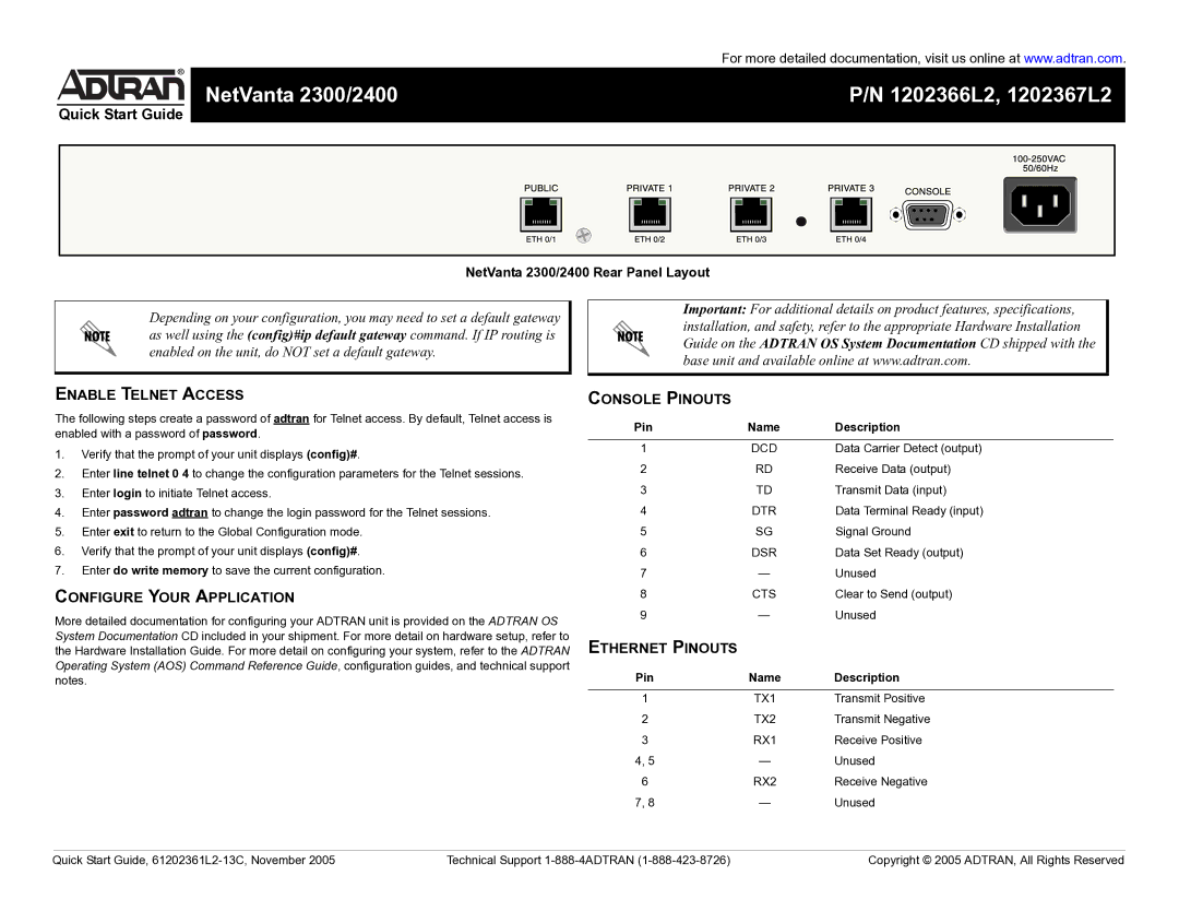 ADTRAN 2300, 2400 quick start Enable Telnet Access, Configure Your Application, Console Pinouts, Ethernet Pinouts 