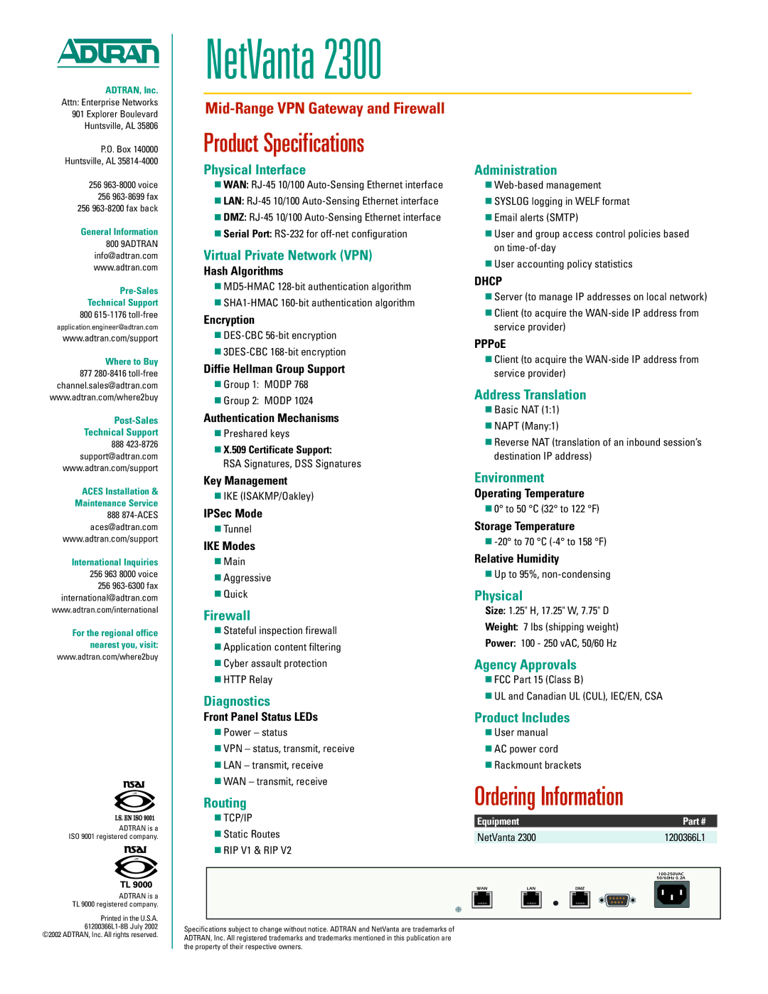 ADTRAN 2300 manual Product Specifications, Ordering Information 