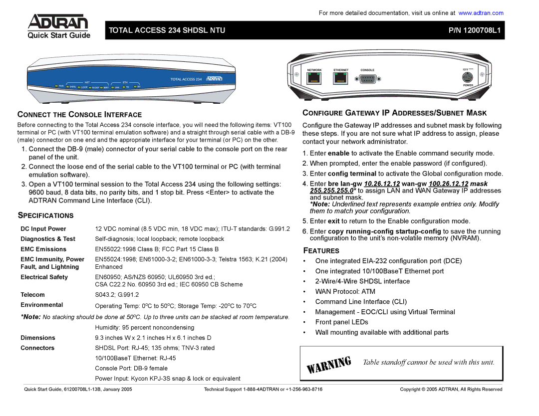 ADTRAN 234 quick start Specifications, Features 