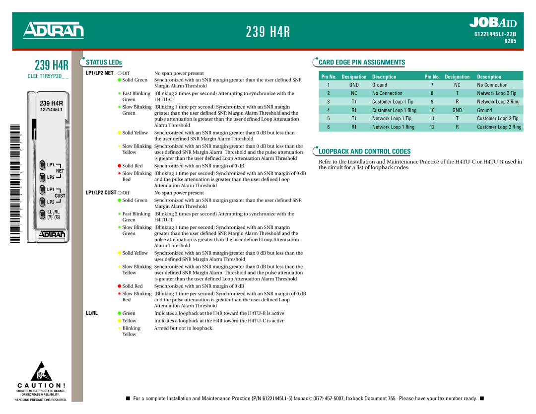 ADTRAN 239 H4R manual Card Edge PIN Assignments, Loopback and Control Codes 