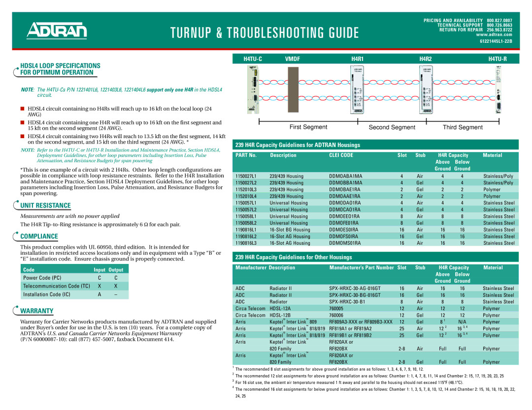 ADTRAN 239 H4R manual HDSL4 Loop Specifications For Optimum Operation, Unit Resistance, Compliance, Warranty 