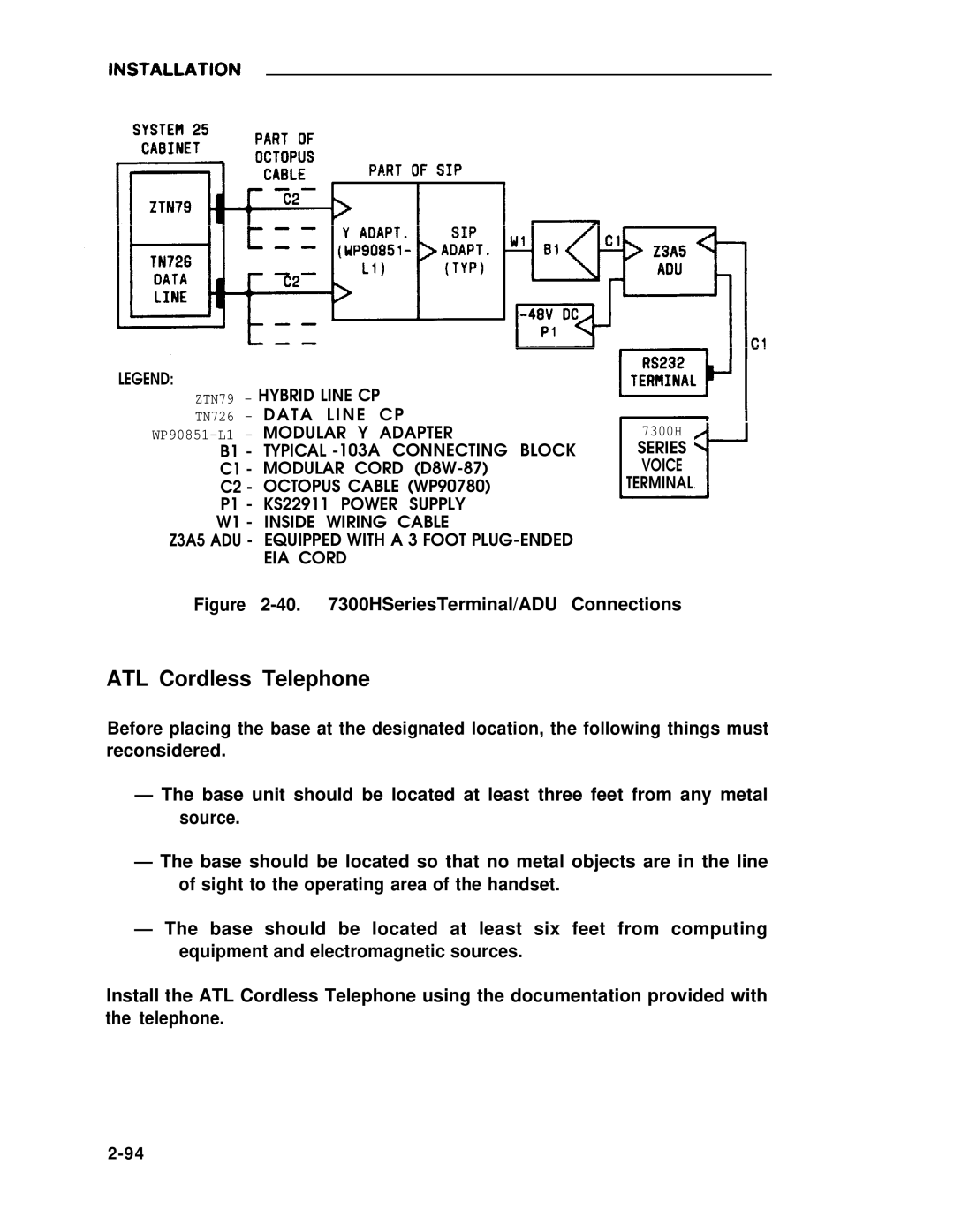 ADTRAN 25 manual ATL Cordless Telephone, HSeriesTerminal/ADU Connections 