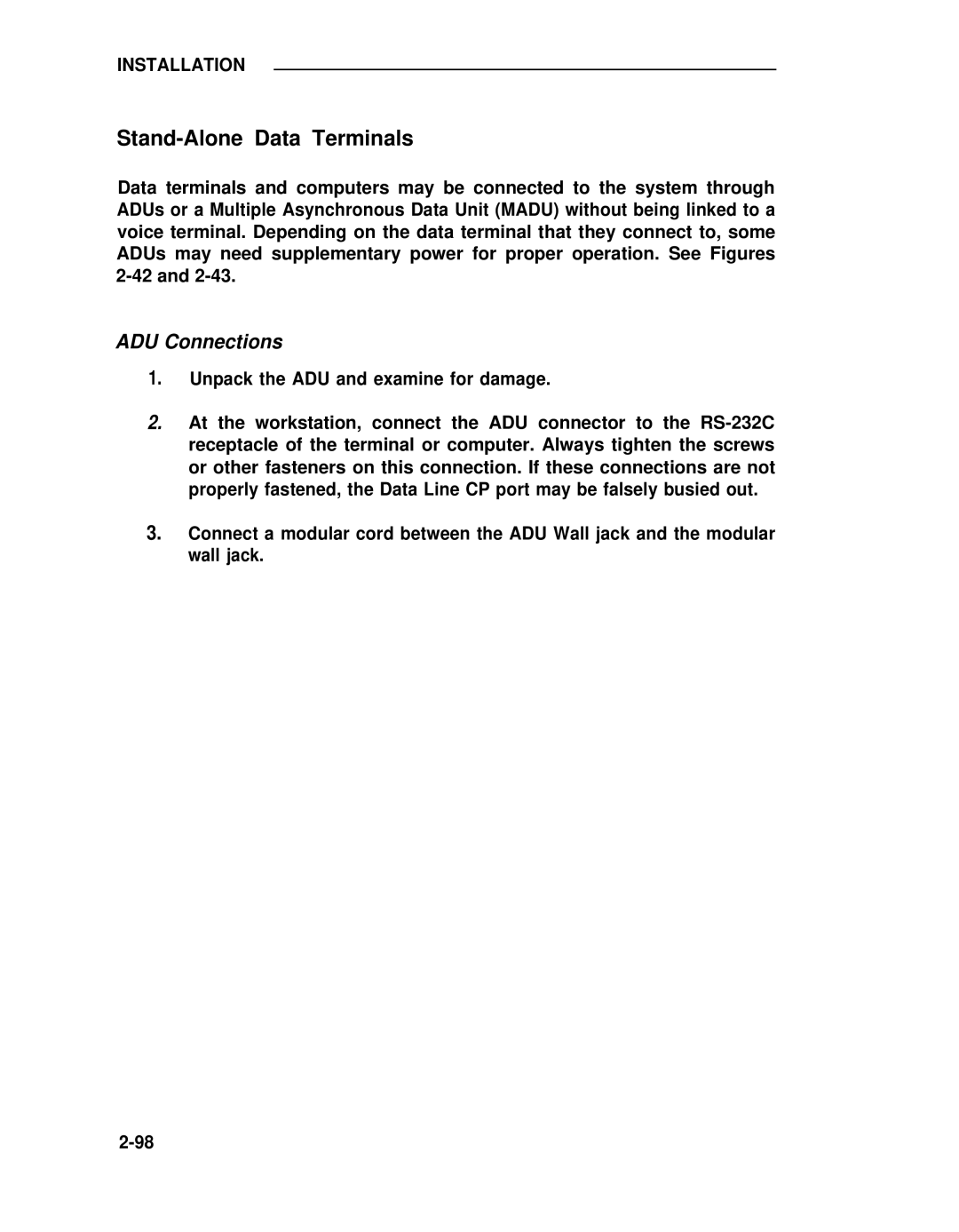 ADTRAN 25 manual Stand-Alone Data Terminals, ADU Connections 