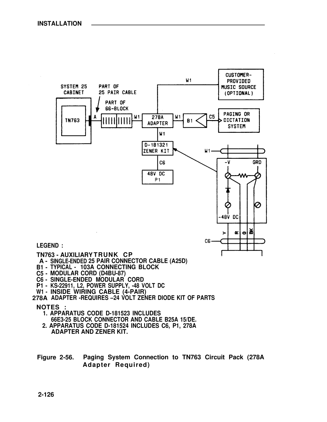 ADTRAN 25 manual Installation TN763 Auxiliary Trunk CP, C5 Modular Cord D4BU-87 C6 SINGLE-ENDED Modular Cord 