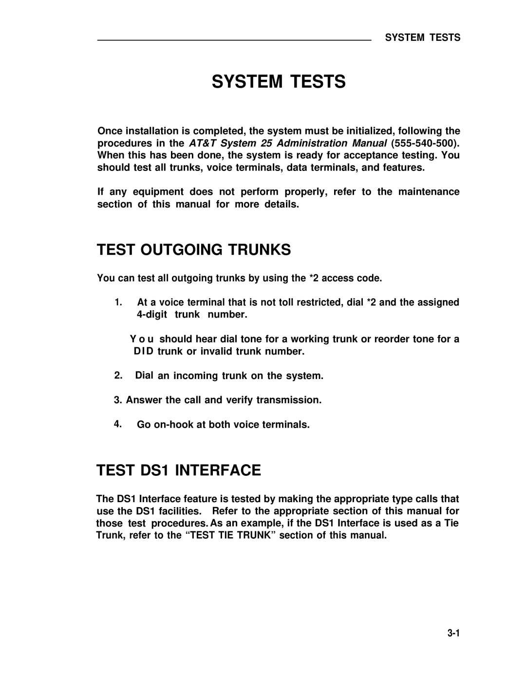 ADTRAN 25 manual Test Outgoing Trunks, Test DS1 Interface, System Tests 