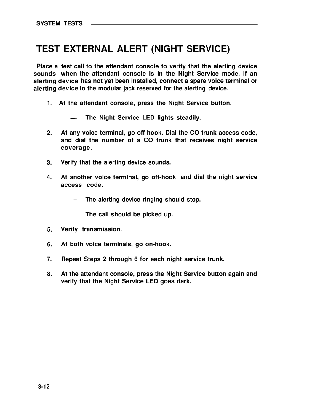 ADTRAN 25 manual Test External Alert Night Service 