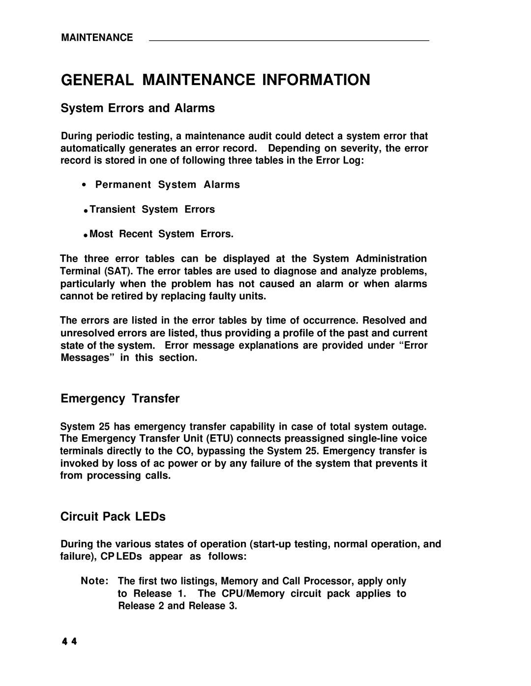 ADTRAN 25 manual General Maintenance Information, System Errors and Alarms, Emergency Transfer, Circuit Pack LEDs 