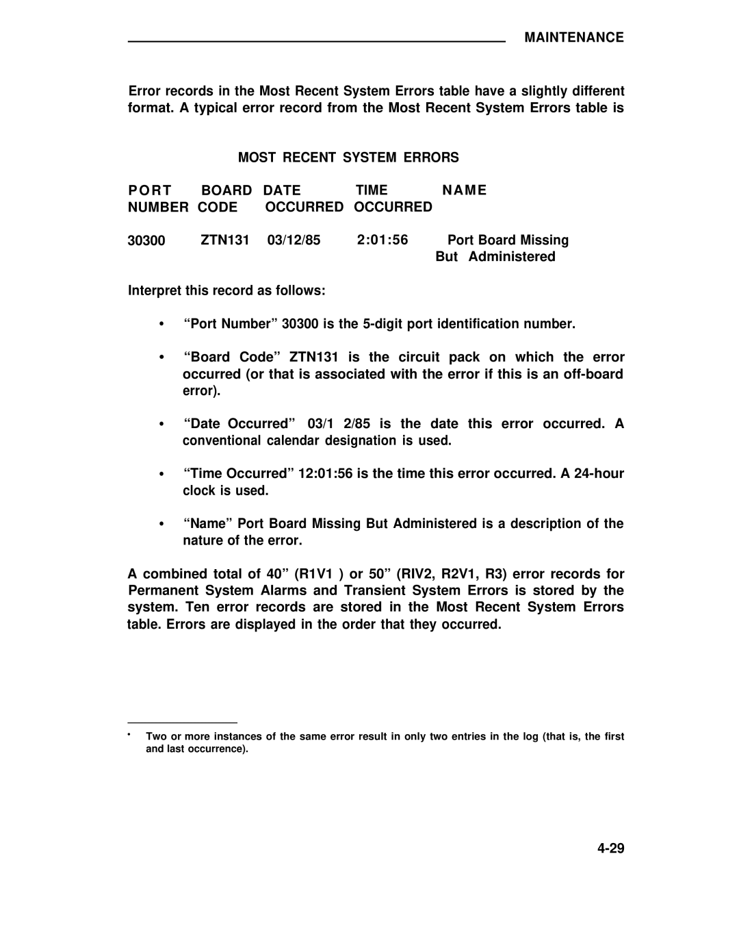 ADTRAN 25 manual Most Recent System Errors, R T Board Date Time Name Number Code Occurred Occurred 