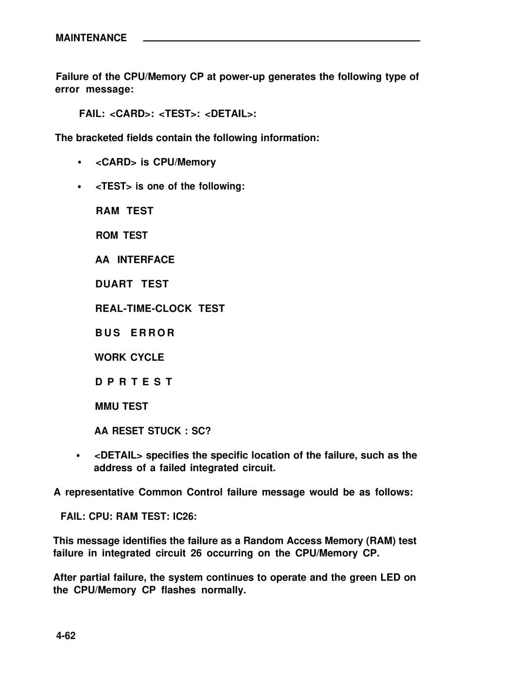 ADTRAN 25 manual Fail Card Test Detail, Fail CPU RAM Test IC26 