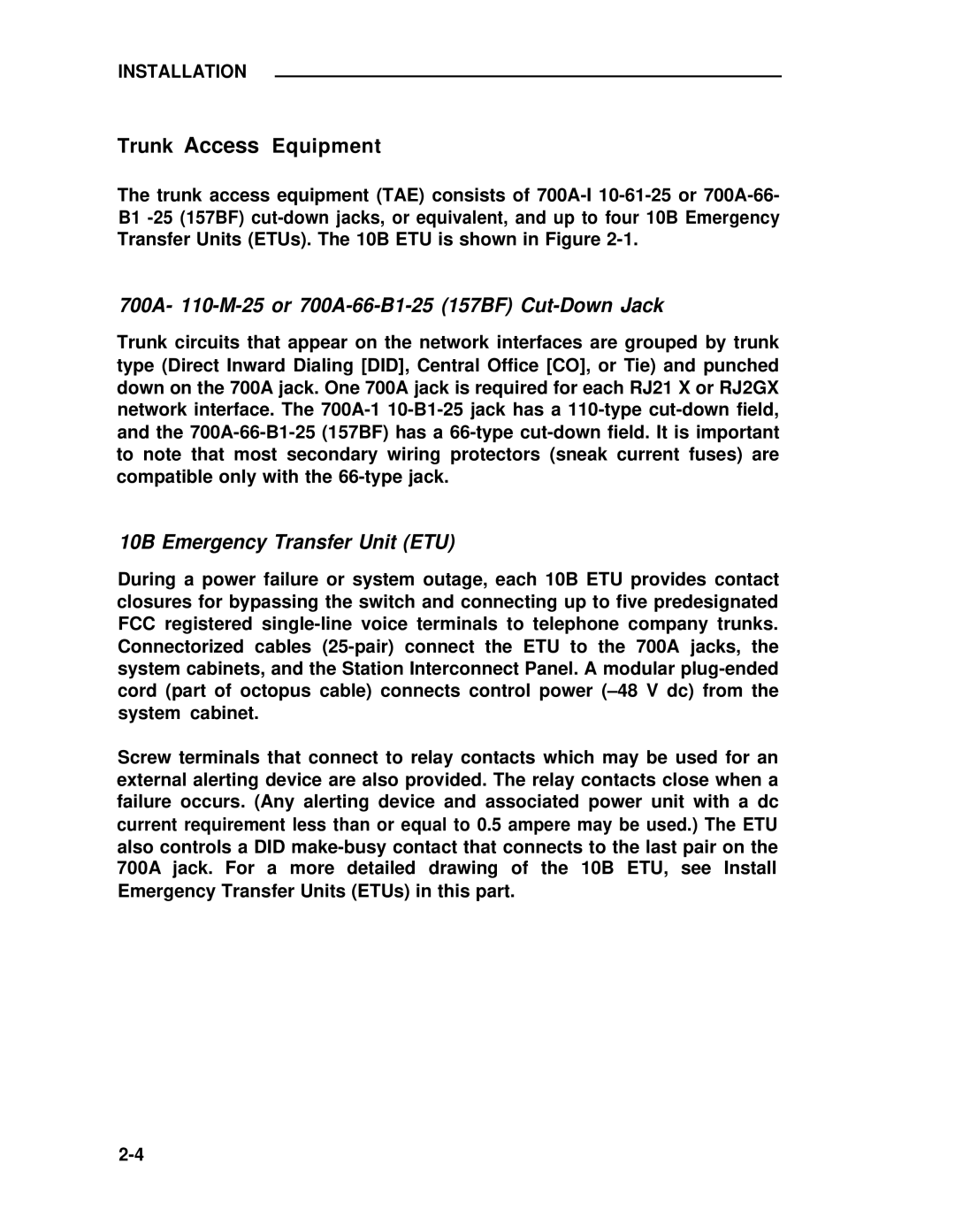 ADTRAN manual 700A- 110-M-25 or 700A-66-B1-25 157BF Cut-Down Jack, 10B Emergency Transfer Unit ETU 