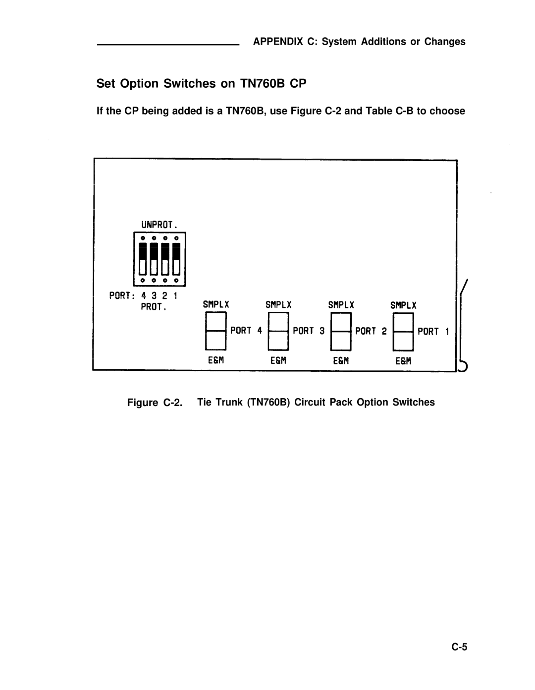 ADTRAN 25 manual Set Option Switches on TN760B CP, Figure C-2. Tie Trunk TN760B Circuit Pack Option Switches 