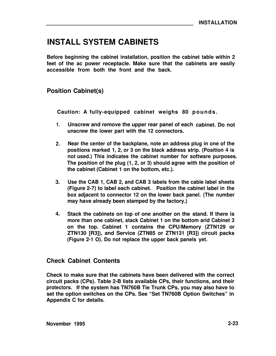 ADTRAN 25 manual Install System Cabinets, Position Cabinets, Check Cabinet Contents 