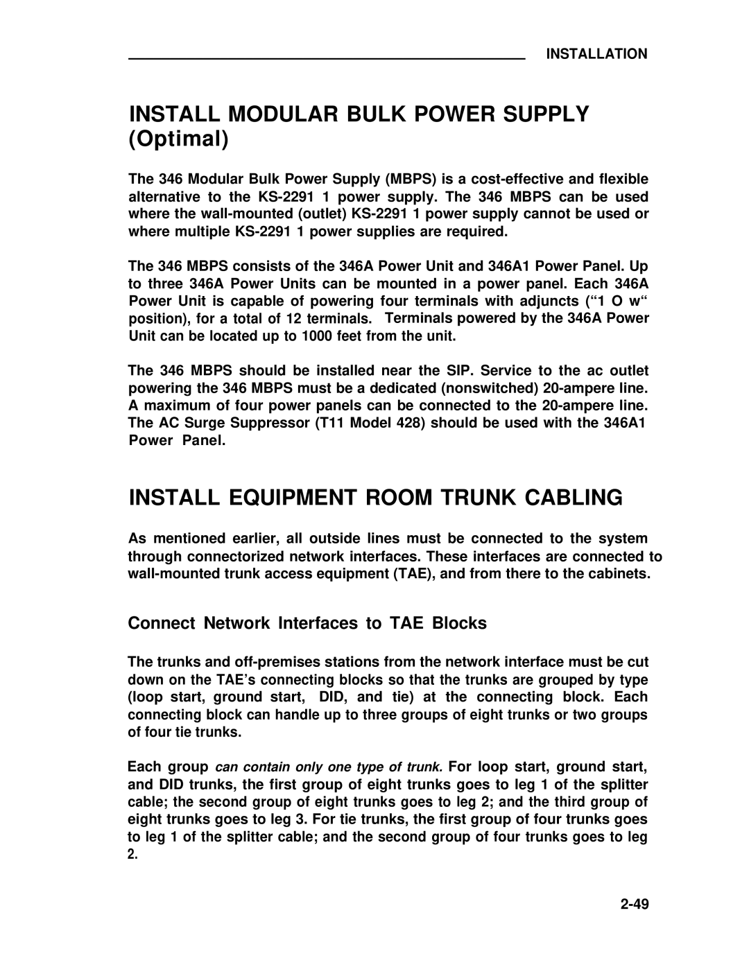 ADTRAN 25 manual Install Equipment Room Trunk Cabling, Connect Network Interfaces to TAE Blocks 