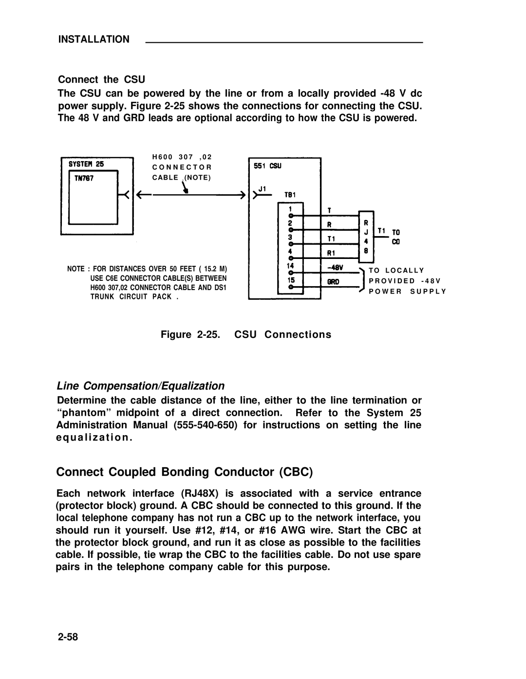 ADTRAN 25 manual Connect Coupled Bonding Conductor CBC, Line Compensation/Equalization 