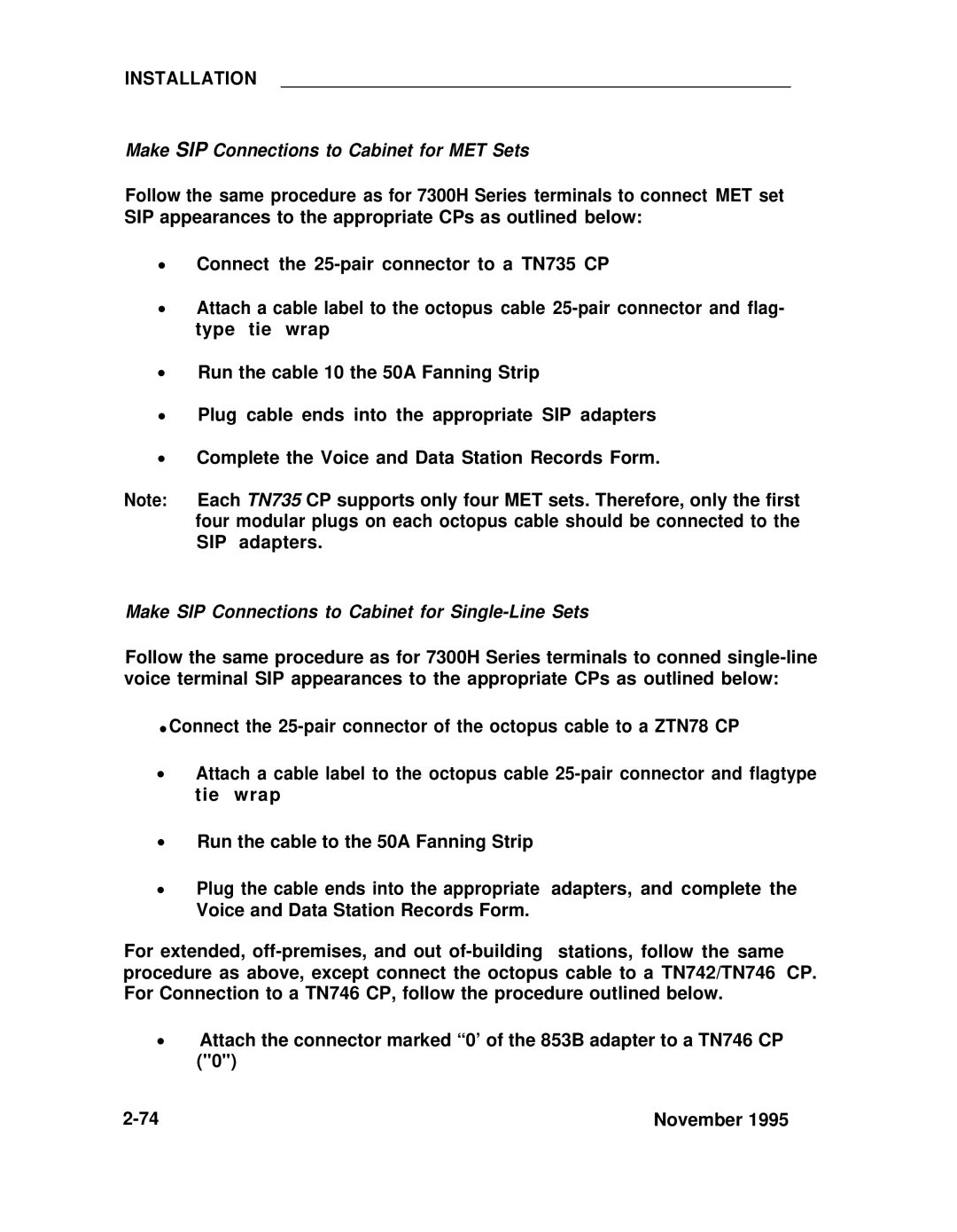 ADTRAN 25 manual Make SIP Connections to Cabinet for MET Sets 