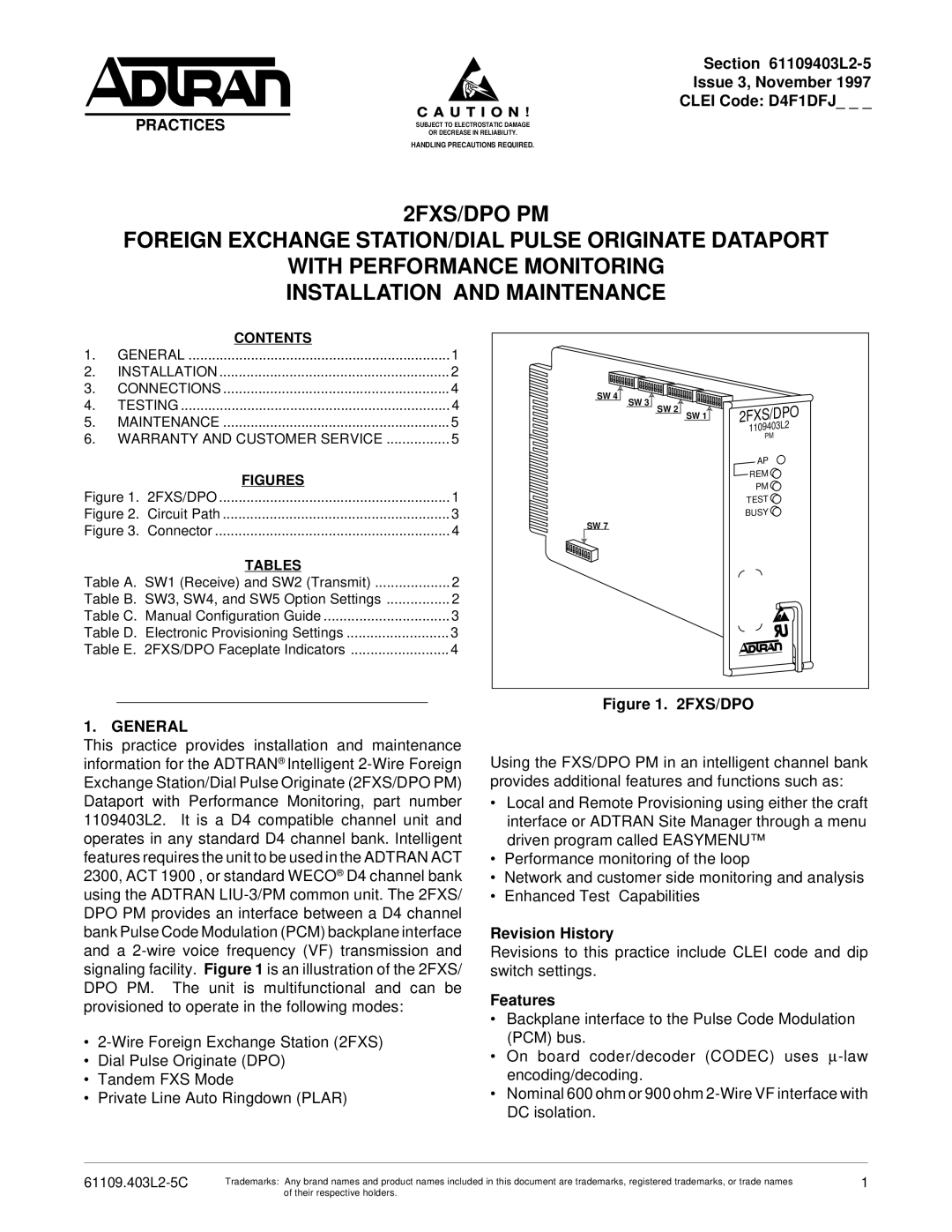 ADTRAN 2FXS/DPO PM warranty L2-5 Issue 3, November Clei Code D4F1DFJ, Practices, General, Revision History, Features 