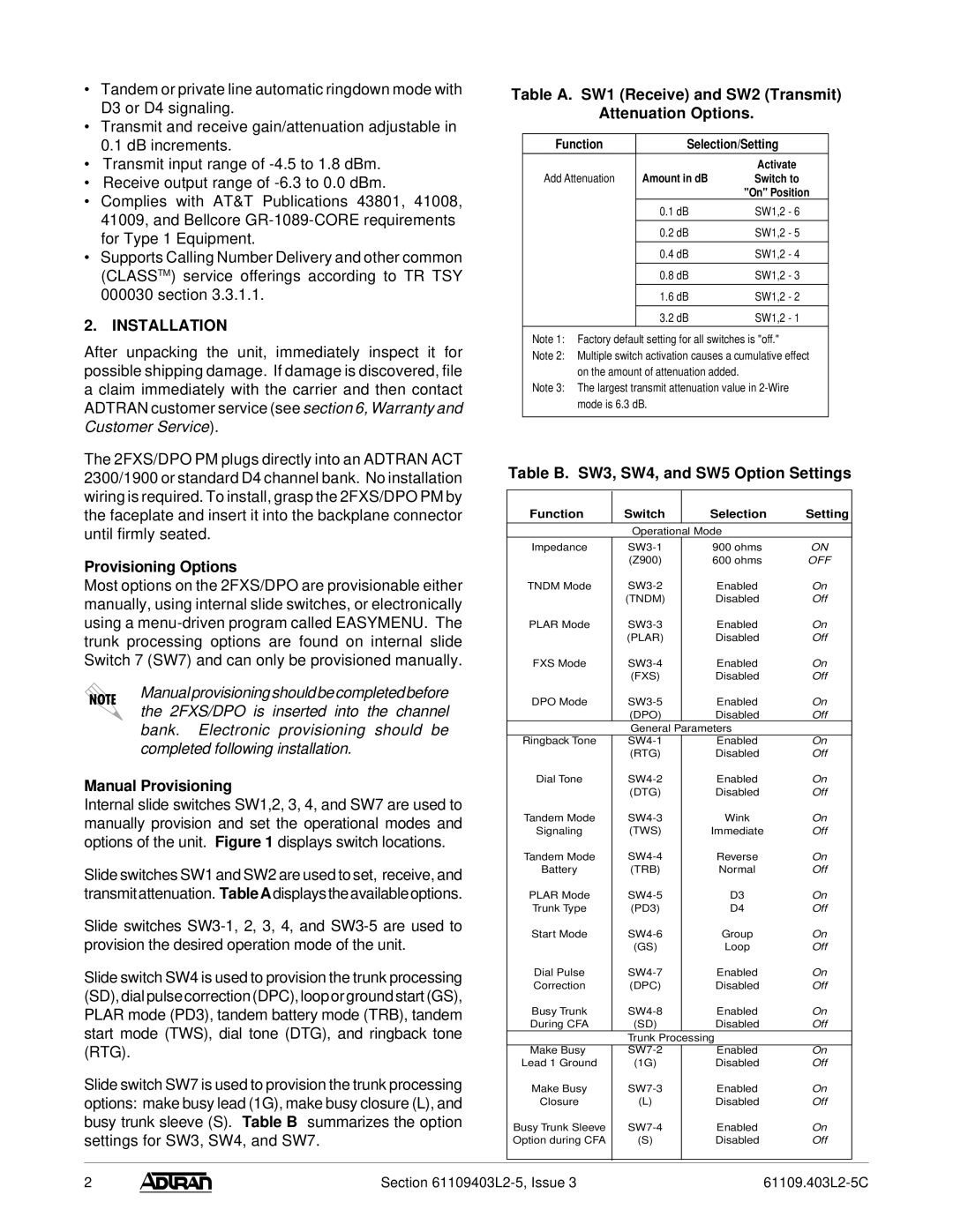 ADTRAN 2FXS/DPO PM Installation, Provisioning Options, Manual Provisioning, Table B. SW3, SW4, and SW5 Option Settings 