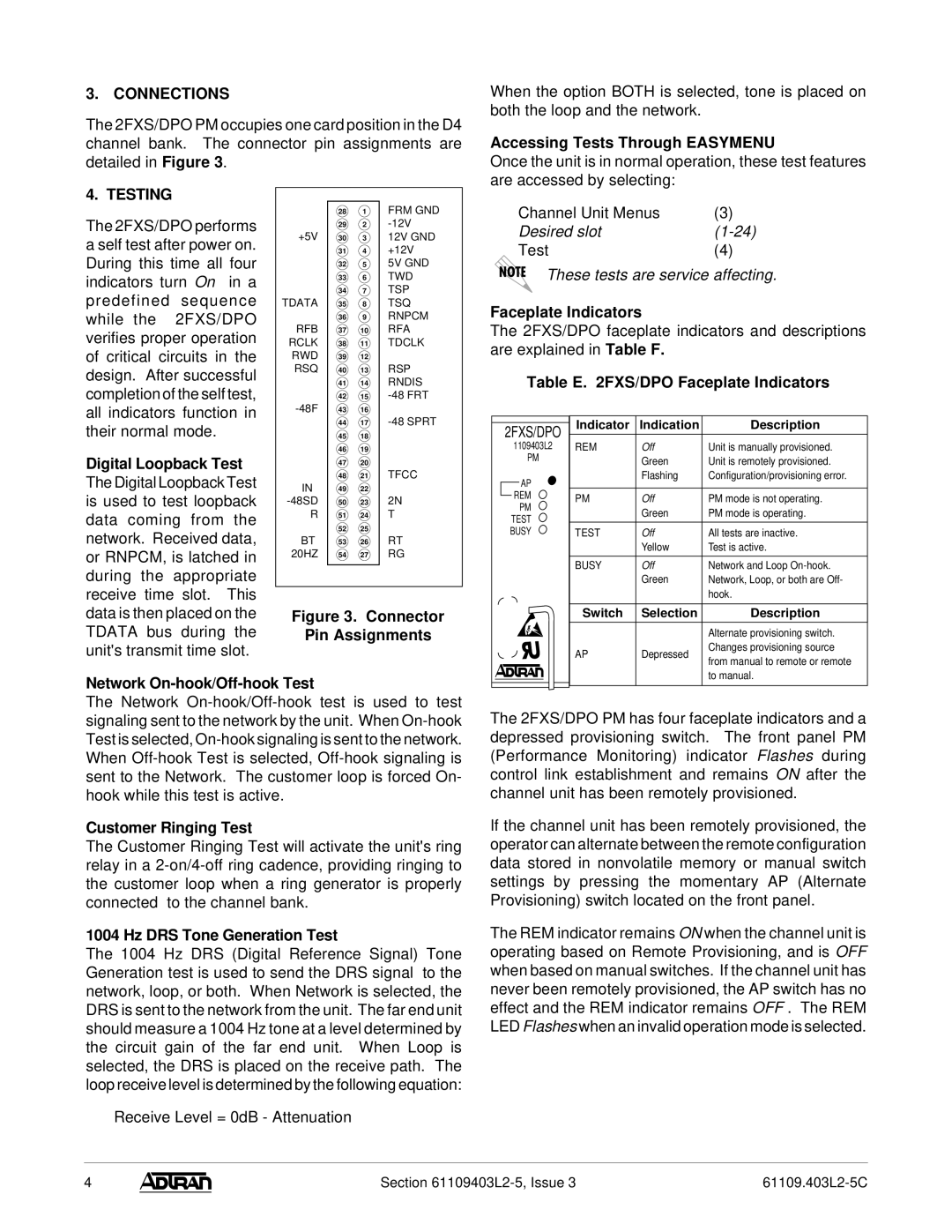 ADTRAN 2FXS/DPO PM warranty Connections, Testing 