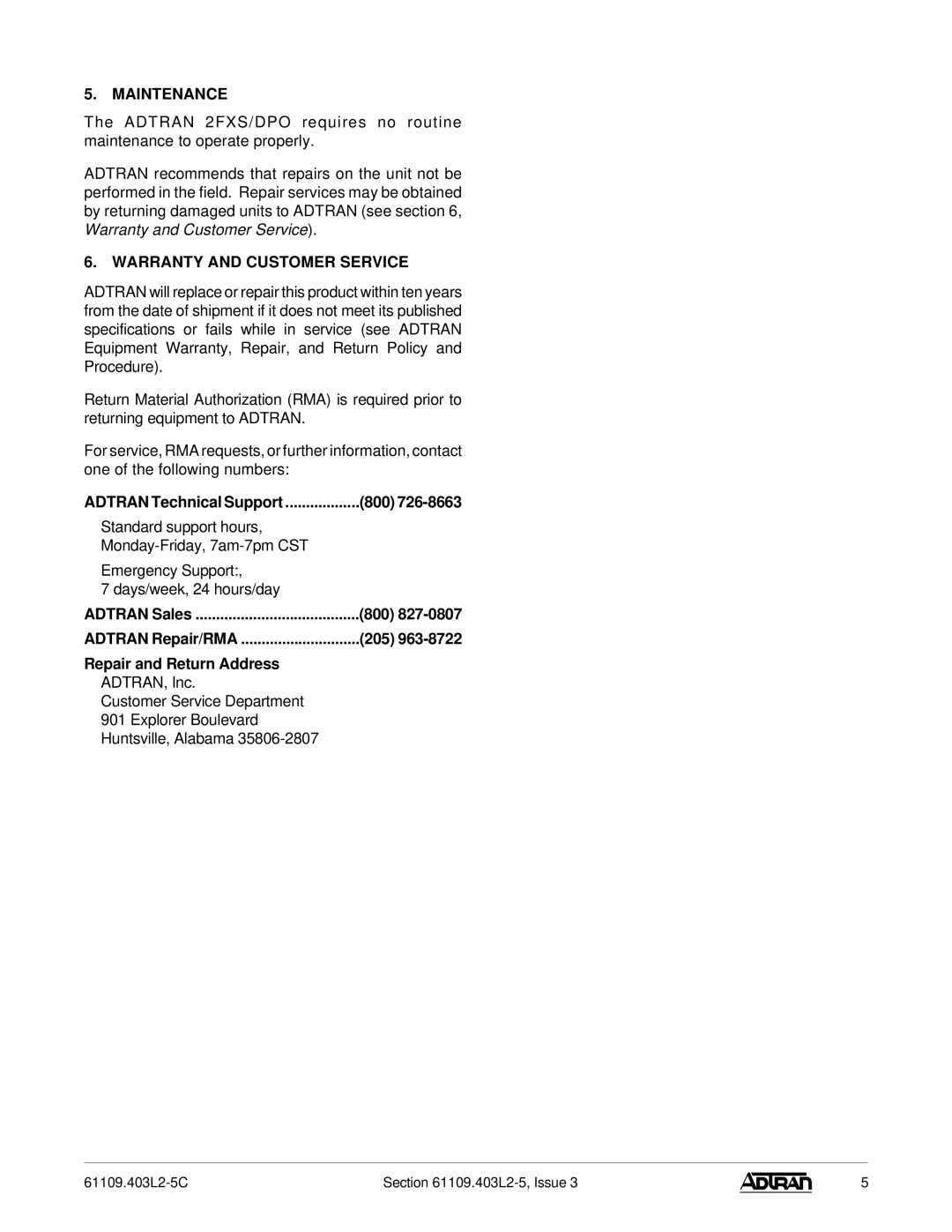 ADTRAN 2FXS/DPO PM warranty Maintenance, Warranty and Customer Service, 800, 205, Repair and Return Address 