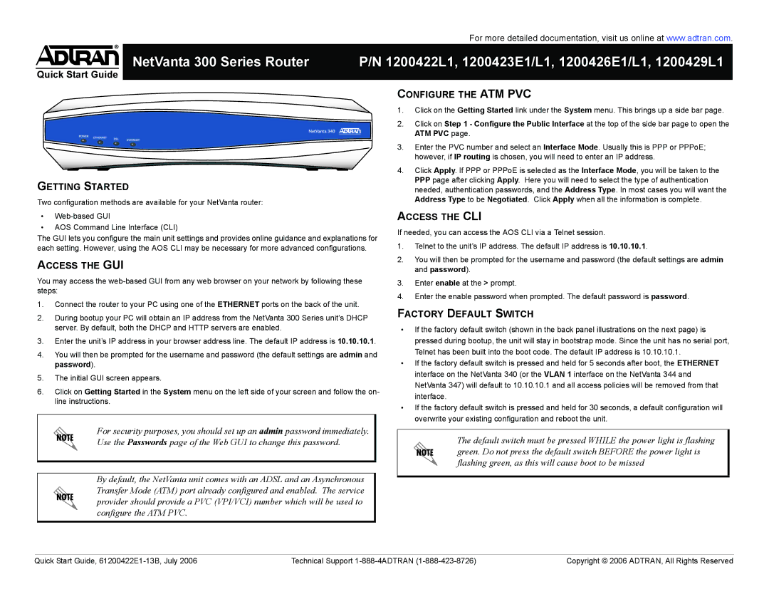 ADTRAN 300 Series quick start Configure the ATM PVC Getting Started, Access the GUI, Access the CLI 