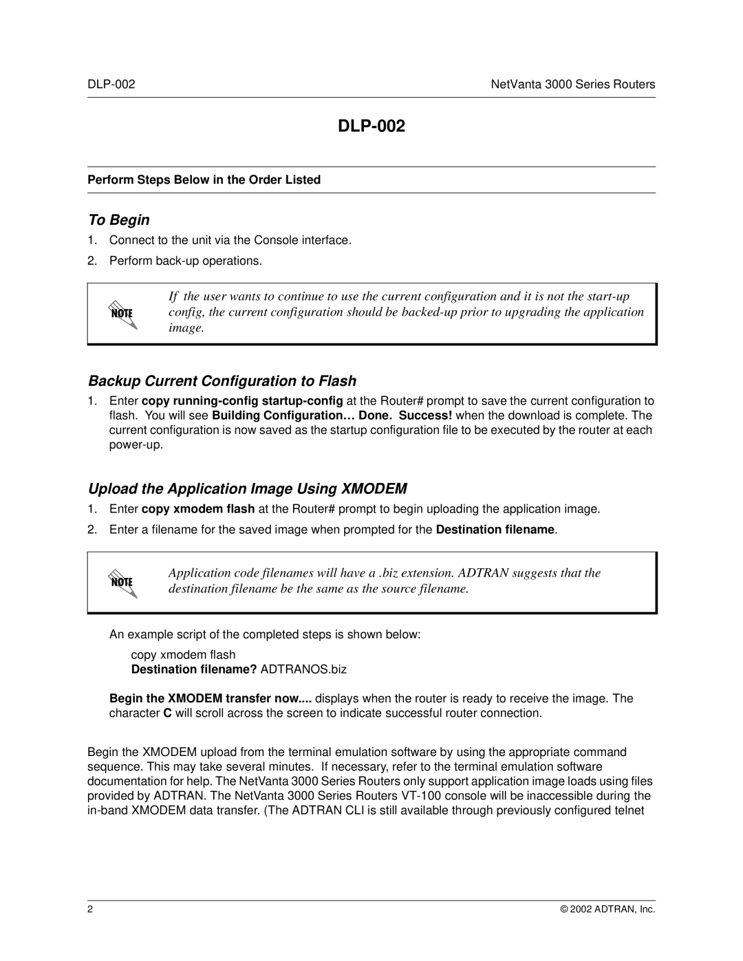 ADTRAN 3000 Series manual To Begin, Backup Current Configuration to Flash, Upload the Application Image Using Xmodem 