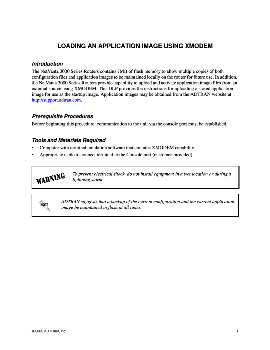 ADTRAN 3000 Series manual Loading An Application Image Using Xmodem, Introduction, Prerequisite Procedures 