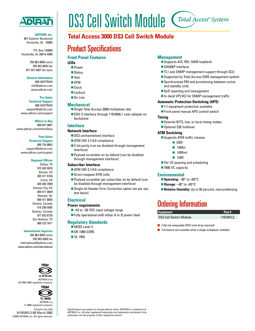 ADTRAN 3000 warranty Product Specifications, Ordering Information 