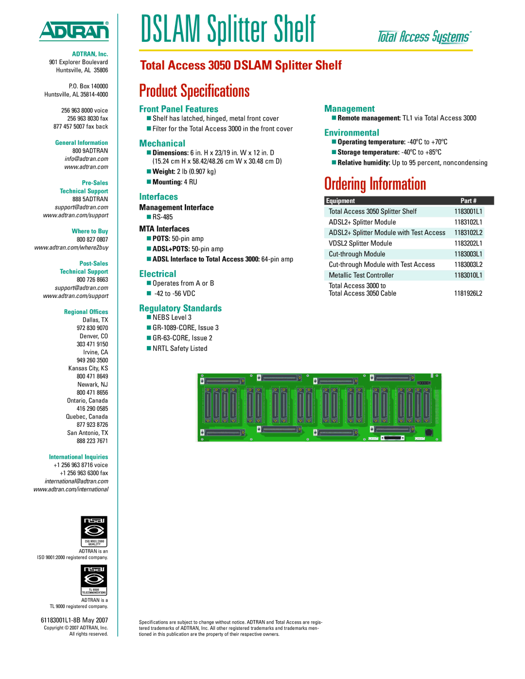 ADTRAN 3050 warranty Product Specifications, Ordering Information 