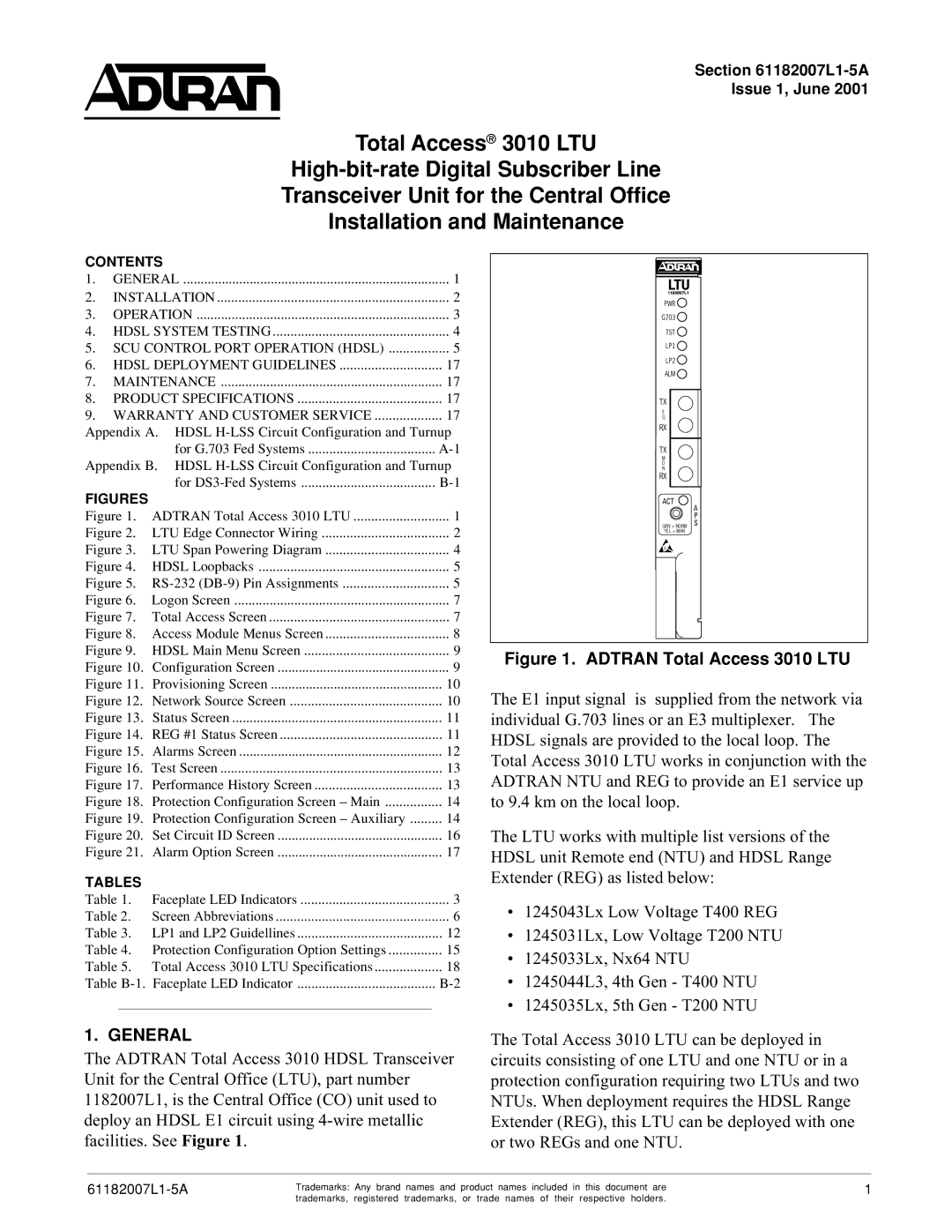 ADTRAN 3060 specifications General, Adtran Total Access 3010 LTU 