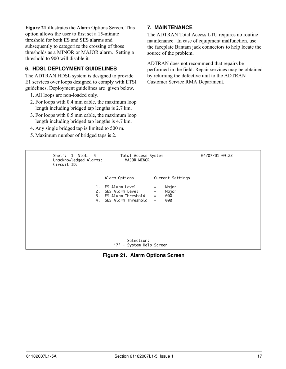 ADTRAN 3060 specifications Hdsl Deployment Guidelines, Maintenance 