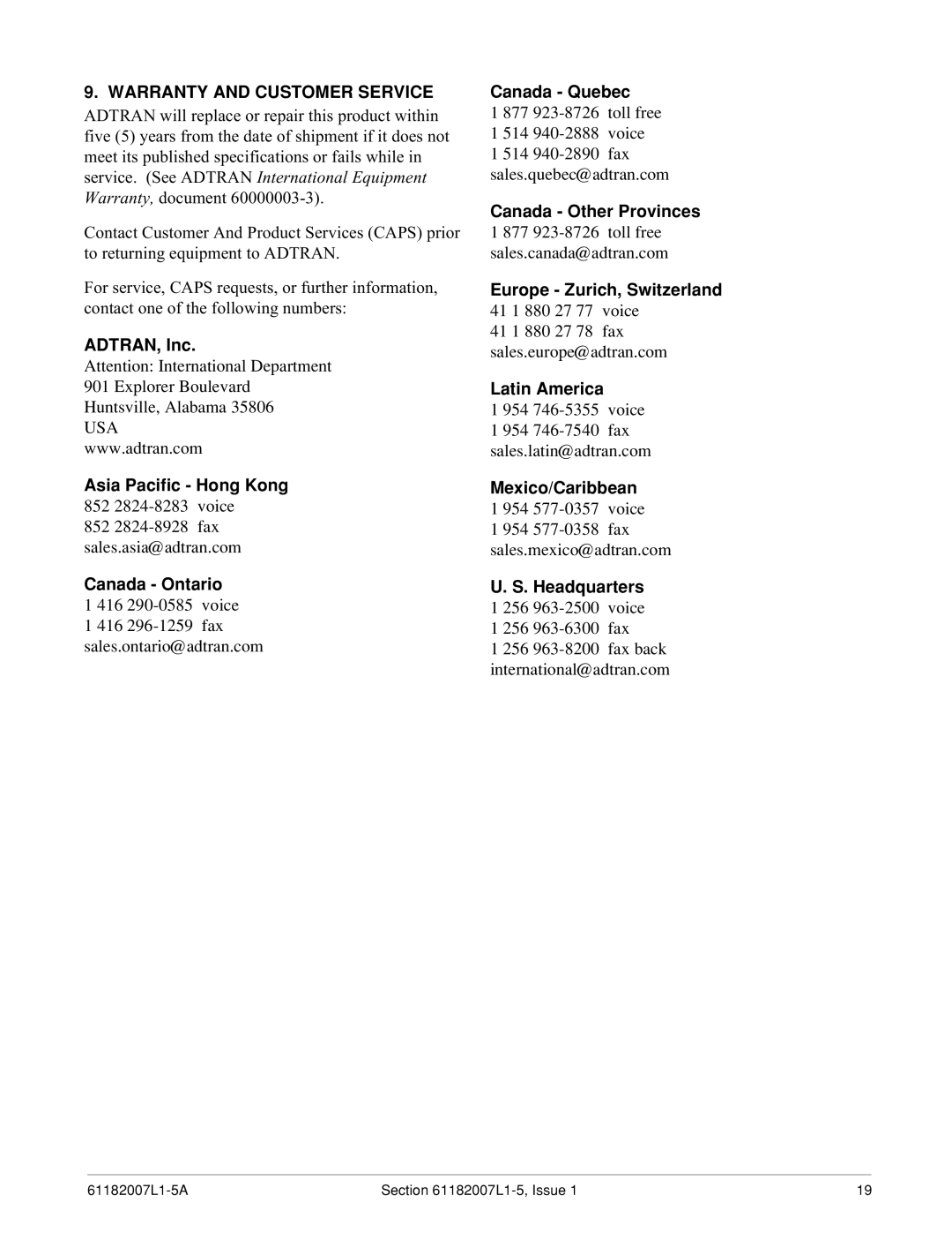 ADTRAN 3060 specifications Warranty and Customer Service 