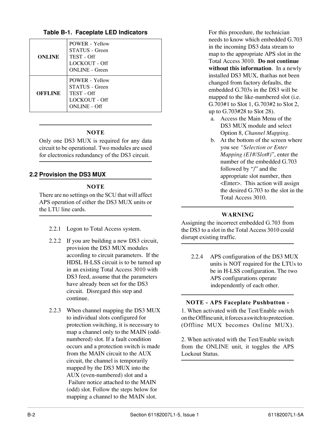 ADTRAN 3060 specifications Table B-1. Faceplate LED Indicators, Provision the DS3 MUX 