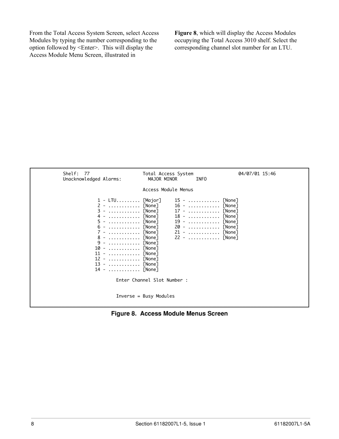 ADTRAN 3060 specifications Access Module Menus Screen, Ltu 