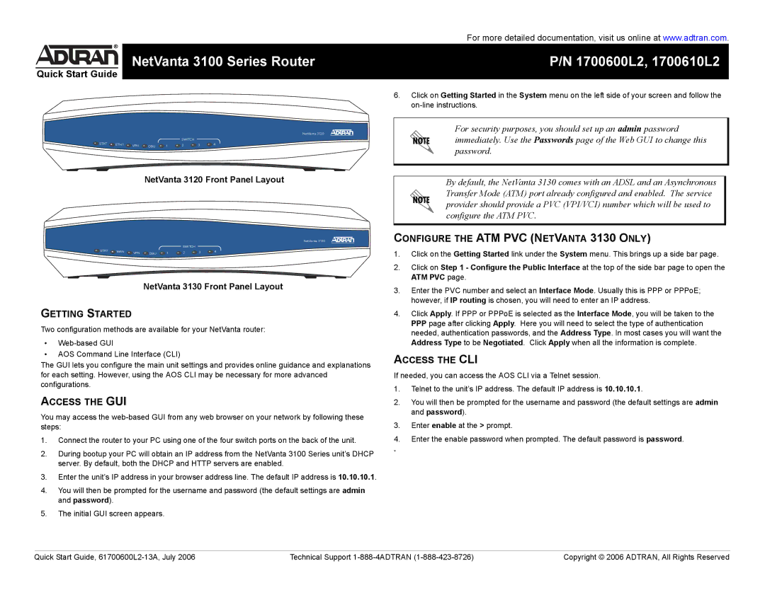 ADTRAN 3100 Series quick start Getting Started, Access the GUI, Configure the ATM PVC Netvanta 3130 only, Access the CLI 