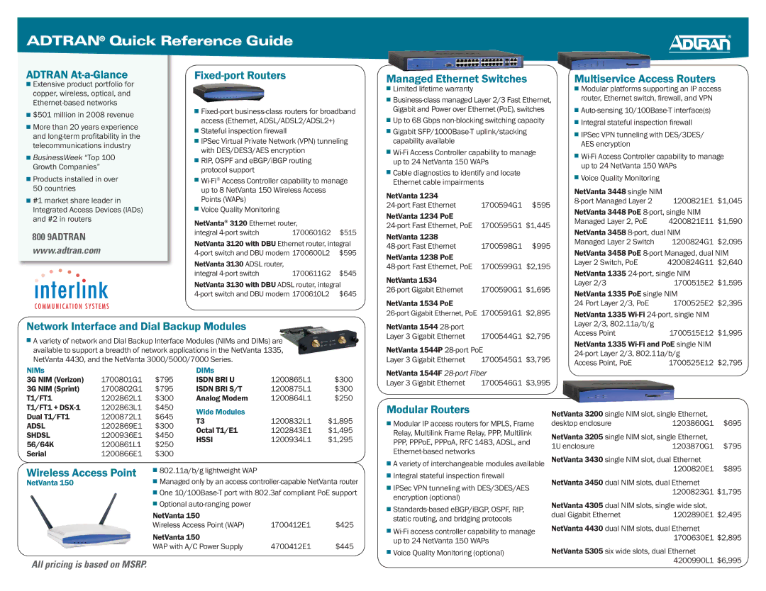 ADTRAN 3120 warranty Adtran At-a-Glance, Fixed-port Routers, Managed Ethernet Switches, Multiservice Access Routers 