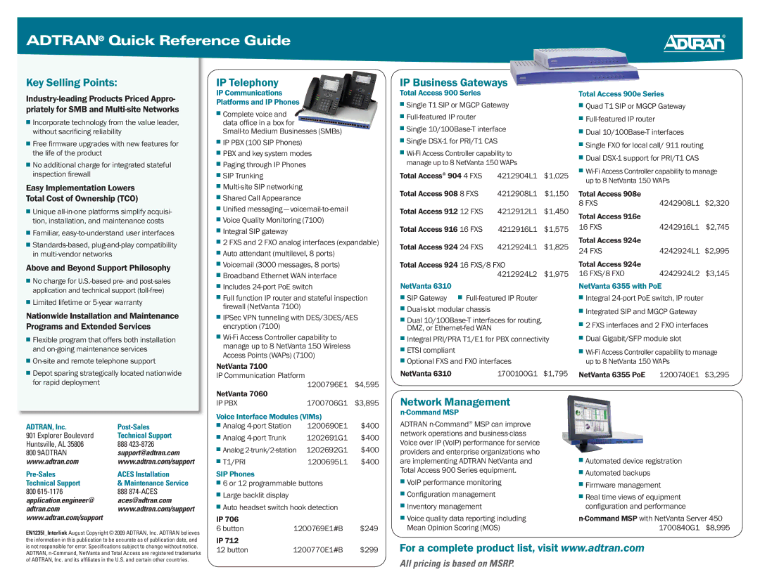 ADTRAN 3120 warranty Key Selling Points, IP Telephony, IP Business Gateways, Network Management 